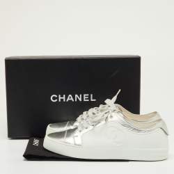 Pre Owned Chanel Silver/White Leather and Rubber CC Low Top Sneakers Size 36.5