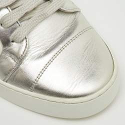 Pre Owned Chanel Silver/White Leather and Rubber CC Low Top Sneakers Size 36.5