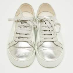 Pre Owned Chanel Silver/White Leather and Rubber CC Low Top Sneakers Size 36.5