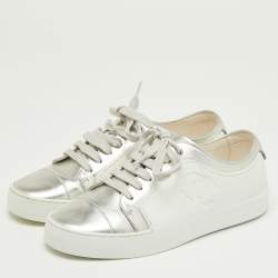 Pre Owned Chanel Silver/White Leather and Rubber CC Low Top Sneakers Size 36.5