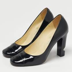 Pre Owned Chanel Black Patent Leather CC Pearl Heel Pumps Size 39.5