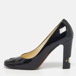 Pre Owned Chanel Black Patent Leather CC Pearl Heel Pumps Size 39.5