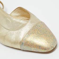Pre Owned Chanel Gold Leather CC Cap Toe Slingback Flats Size 36