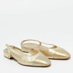 Pre Owned Chanel Gold Leather CC Cap Toe Slingback Flats Size 36