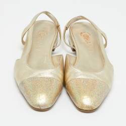 Pre Owned Chanel Gold Leather CC Cap Toe Slingback Flats Size 36
