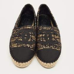 مملوكة مسبقًا حذاء إسبادريل فلات شانيل تويد وقماش ميتاليك أسود/ذهبي مقدمة سي سي مقاس 38
