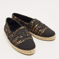 مملوكة مسبقًا حذاء إسبادريل فلات شانيل تويد وقماش ميتاليك أسود/ذهبي مقدمة سي سي مقاس 38