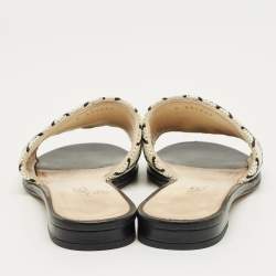 Pre Owned Chanel Black/White Faux Pearl Embellished CC Flat Slides Size 36.5