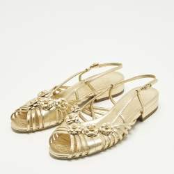 Pre Owned Chanel Camelia Size 36 Gold Leather Slingback Sandals