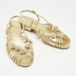 Pre Owned Chanel Camelia Size 36 Gold Leather Slingback Sandals