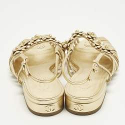 Pre Owned Chanel Camelia Size 36 Gold Leather Slingback Sandals
