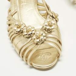 Pre Owned Chanel Camelia Size 36 Gold Leather Slingback Sandals