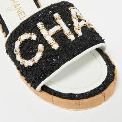 Pre Owned صندل شانيل سلسلة شعار جلد وتويد أسود/أبيض فلين مقاس 36