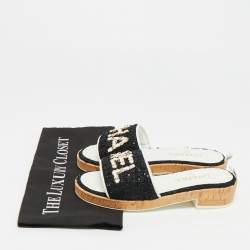 Pre Owned صندل شانيل سلسلة شعار جلد وتويد أسود/أبيض فلين مقاس 36