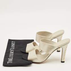 مملوكة مسبقًا Chanel Metallic Grey Leather CC Pearl Heel Slide Sandals Size 40