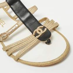 Pre Owned Chanel CC Size 37 Gold/Black Leather Strappy Flat Sandals