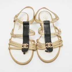 Pre Owned Chanel CC Size 37 Gold/Black Leather Strappy Flat Sandals