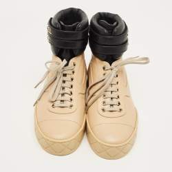 Pre Owned Chanel Black/Beige Leather High Top Sneakers Size 36.5