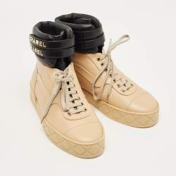 Pre Owned Chanel Black/Beige Leather High Top Sneakers Size 36.5
