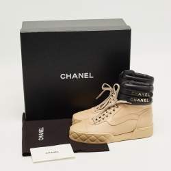 Pre Owned Chanel Black/Beige Leather High Top Sneakers Size 36.5