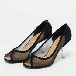 مملوكة مسبقًا حذاء كعب عالي شانيل مقدمة مفتوحة شبكي وجلد سويدي أسود مقاس 40