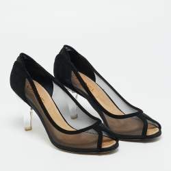 مملوكة مسبقًا حذاء كعب عالي شانيل مقدمة مفتوحة شبكي وجلد سويدي أسود مقاس 40