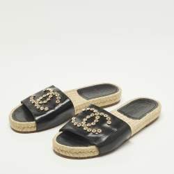 Pre Owned Chanel CC Crystal Embellished Size 36 Black Leather Espadrille Flat Slide
