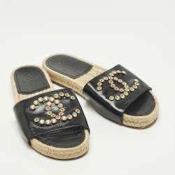 Pre Owned Chanel CC Crystal Embellished Size 36 Black Leather Espadrille Flat Slide