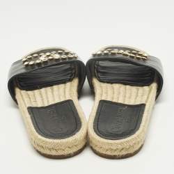 Pre Owned Chanel CC Crystal Embellished Size 36 Black Leather Espadrille Flat Slide