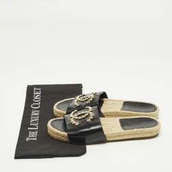 Pre Owned Chanel CC Crystal Embellished Size 36 Black Leather Espadrille Flat Slide