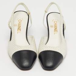 Pre Owned حذاء كعب عال ي شانيل قماش منسوج جلد أسود/ أبيض مائل للصفرة مقاس 37.5