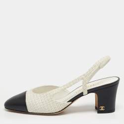 Pre Owned حذاء كعب عالي شانيل قماش منسوج جلد أسود/ أبيض مائل للصفرة مقاس 37.5