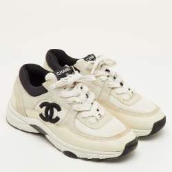 Pre Owned حذاء رياضي شانيل CC مقاس 37 جلد شبك وزي مقلوب أبيض/أسود منخفظ من أعلى