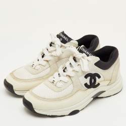 Pre Owned حذاء رياضي شانيل CC مقاس 37 جلد شبك وزي مقلوب أبيض/أسود منخفظ من أعلى