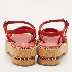 Pre Owned Chanel CC Chain Logo Size 36 Red Suede Ankle Strap Sandals