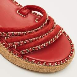 Pre Owned Chanel CC Chain Logo Size 36 Red Suede Ankle Strap Sandals