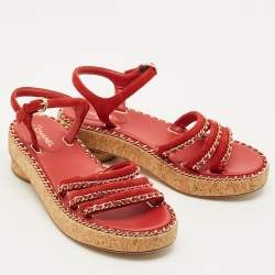 Pre Owned Chanel CC Chain Logo Size 36 Red Suede Ankle Strap Sandals