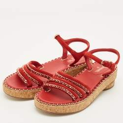 Pre Owned Chanel CC Chain Logo Size 36 Red Suede Ankle Strap Sandals
