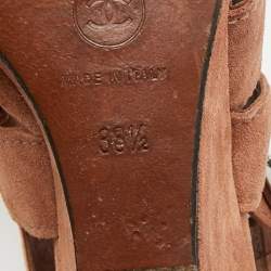 Pre Owned Chanel CC Size 36.5 Brown Suede Ankle Strap Wedge Sandals