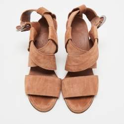 Pre Owned Chanel CC Size 36.5 Brown Suede Ankle Strap Wedge Sandals