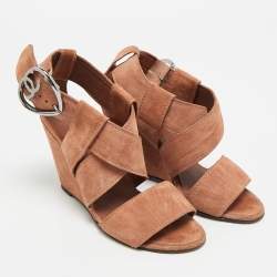 Pre Owned Chanel CC Size 36.5 Brown Suede Ankle Strap Wedge Sandals
