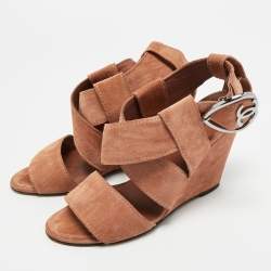 Pre Owned Chanel CC Size 36.5 Brown Suede Ankle Strap Wedge Sandals