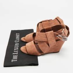 Pre Owned Chanel CC Size 36.5 Brown Suede Ankle Strap Wedge Sandals