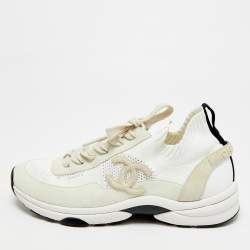 Pre Owned حذاء رياضي شانيل سي سي قماش محبوك أبيض/أسود مقاس 39.5