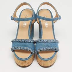 Pre Owned صندل بكعب من الفلين شانييل بسترو أسود جيلي ورباط عند الكاحل مقاس 39