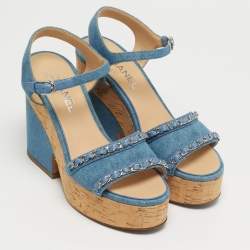 Pre Owned صندل بكعب من الفلين شانييل بسترو أسود جيلي ورباط عند الكاحل مقاس 39