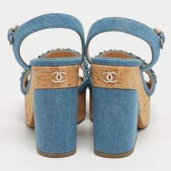 Pre Owned صندل بكعب من الفلين شانييل بسترو أسود جيلي ورباط عند الكاحل مقاس 39