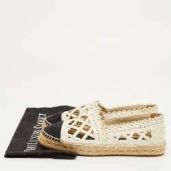 Pre Owned Chanel CC Size 38 White/Black Canvas and Straw Espadrille Flats