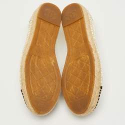 Pre Owned Chanel CC Size 38 White/Black Canvas and Straw Espadrille Flats