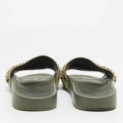 Pre Owned Chanel Tropiconic Size 40 Green Canvas Chain Pool Slides 